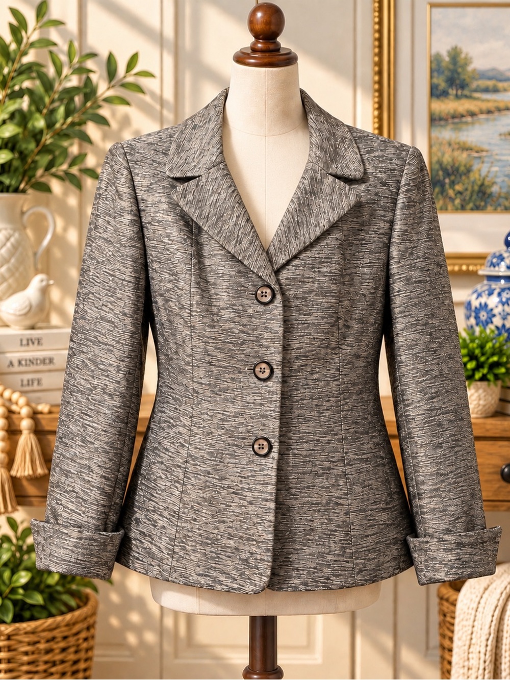 Kasper Petite 8P Silver Metallic Textured Blazer Jacket
